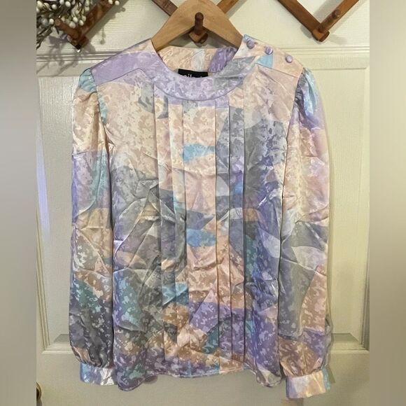 NWT Vintage 80s Satiny Print Blouse with Shoulder Pads - Picture 1 of 7